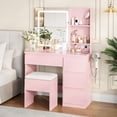 thumbnail image 4 of EDTara Vanity Desk with LED Mirror, Makeup Vanity Desk with 4 Drawers, Power Outlets, Storage Stool, Storage Shelves & Hair Dryer Holder , Adjustable 3 Lighting Modes, Makeup Vanity Set for Bedroom, 4 of 9