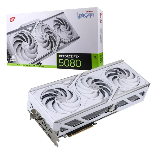 Colorful iGame RTX 5080 Vulcan W OC 16GB GDDR7 256 Bit Graphics Card White front-facing centered view of a white GPU with three axial fans and white aluminum shroud, metal backplate, top 16-pin power connector and rear bracket showing 2x HDMI 2.1b and 3x DisplayPort 2.1b; 360 x 149 x 71 mm, PCIe 5.0 x16, 16 GB GDDR7 memory, suitable for multi-monitor gaming and streaming.