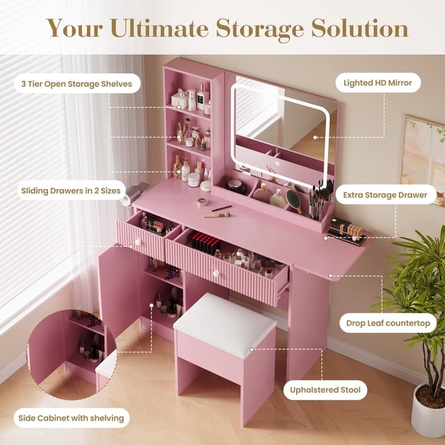 GloryStar Vanity Desk with Mirror and Lights, Makeup Vanity Power Outlets Makeup Table with Drawers & Cabinet, Storage Stool, Dressing Table for Bedroom