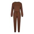 thumbnail image 4 of IROINNID Survêtement pour Femmes Ensemble 2 Pcs Économies Col Rond Couleur Unie Chandail Court Nombril Chandail à Manches Longues Décontracté Pantalon à Cordon Costume Ensemble Athlétique, Café, 4 of 9