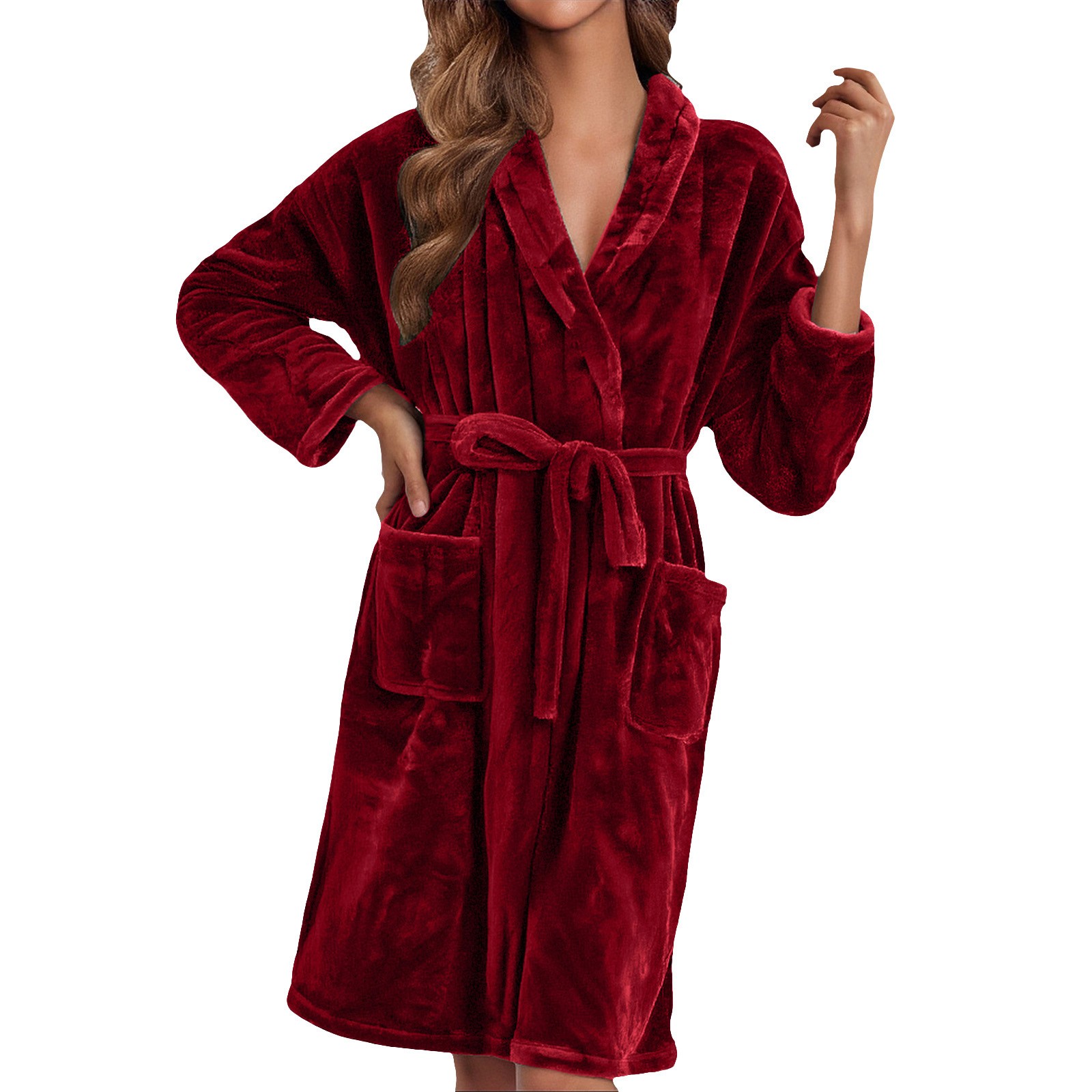 ManxiVoo Plush Fleece Long Robe Shawl Collar Cozy Warm Bathrobe Spa Relaxation House Coat XL Size Wine