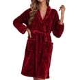 thumbnail image 1 of ManxiVoo Plush Fleece Long Robe Shawl Collar Cozy Warm Bathrobe Spa Relaxation House Coat XL Size Wine, 1 of 6