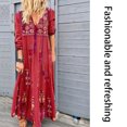 thumbnail image 2 of Bohemian Floral Print Maxi Dress V Neck Drawstring Lace up Long Sleeve Clothes, 2 of 7