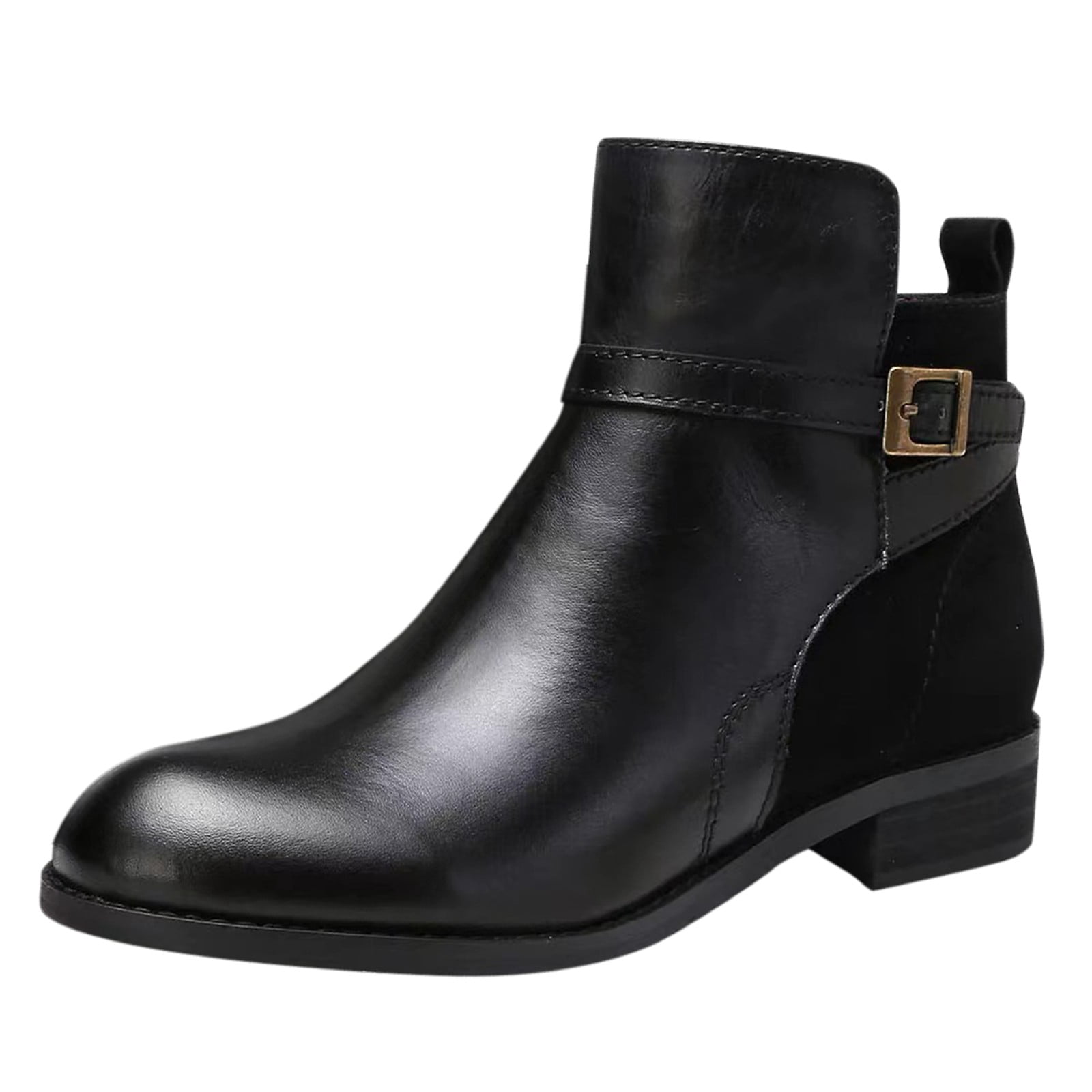 B91xZ Womens Chelsea Boots Pointed Toe Side Zipper Square Buckle Winter Booties,Black 6.5