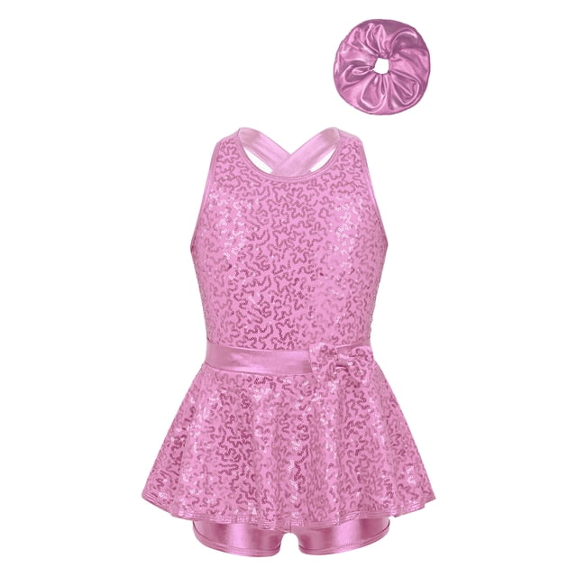 TSSOE Robe de Danse Moderne Jazz Ballet à Paillettes pour Filles avec Bandeau Costume de Performance Dos Croisé Justaucorps Bandeau Rose 14