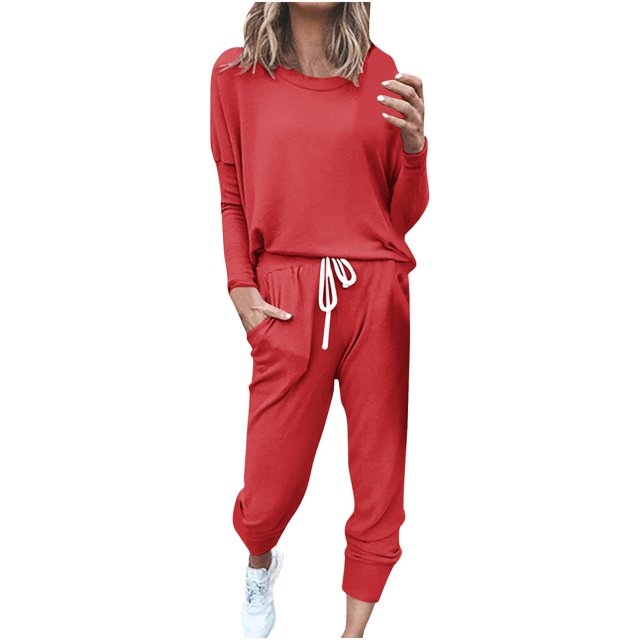 Birdeem Womens Printing Round Neck Long Sleeve Solid Two-Piece Comfortable Home Pajamas Pocket Set Sports Set