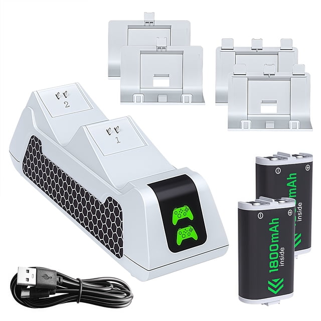 Charging Dock Station for Xbox Series X & S Game Controller Charger with 2PCS 1800mAh Battery Pack. The image shows a dual charging dock in white with black honeycomb accents, designed for Xbox Series X/S and Xbox One controllers. Includes two 1800mAh rechargeable battery packs, USB charging cable, and interchangeable battery back covers for compatibility with various Xbox controller models. The dock features LED indicators for charging status and a compact, vertical design for organized storage.
