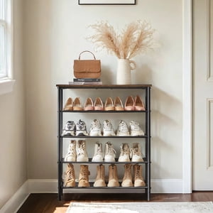 5-Tier Sac à chaussures, étagère de rangement avec 3 Étagères et plateau en tissu, cadre en acier, brun rustique et noir