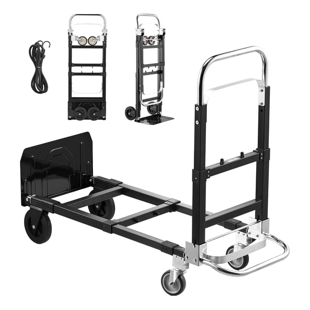 VEVOR Diable Pliant 2 en 1 avec une Capacité de Charge de 500 Lb en mode à 4 Roues, Doté d'Un design convertible pour Être Utilisé comme Diable à 2 Roues Ou Chariot Plateforme à 4 Roues. Fabriqué en Acier Allié Robuste, Comprend une Poignée Réglable, une base Extensible et des Roues en Caoutchouc Résistantes à l'Usure pour un Mouvement Fluide et stable. l'Image Montre le Diable dans Diverses configurations, Y Compris les modes Plié et Étendu, avec des Cordons Élastiques Inclus pour Sécuriser les Charges. Idéal pour Déplacer des Articles à la Maison
