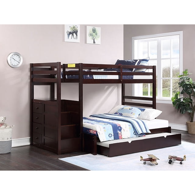 JLG Twin over Double Bunk Bed, Left-Hand Staircase with Extension Kit (Espresso)
