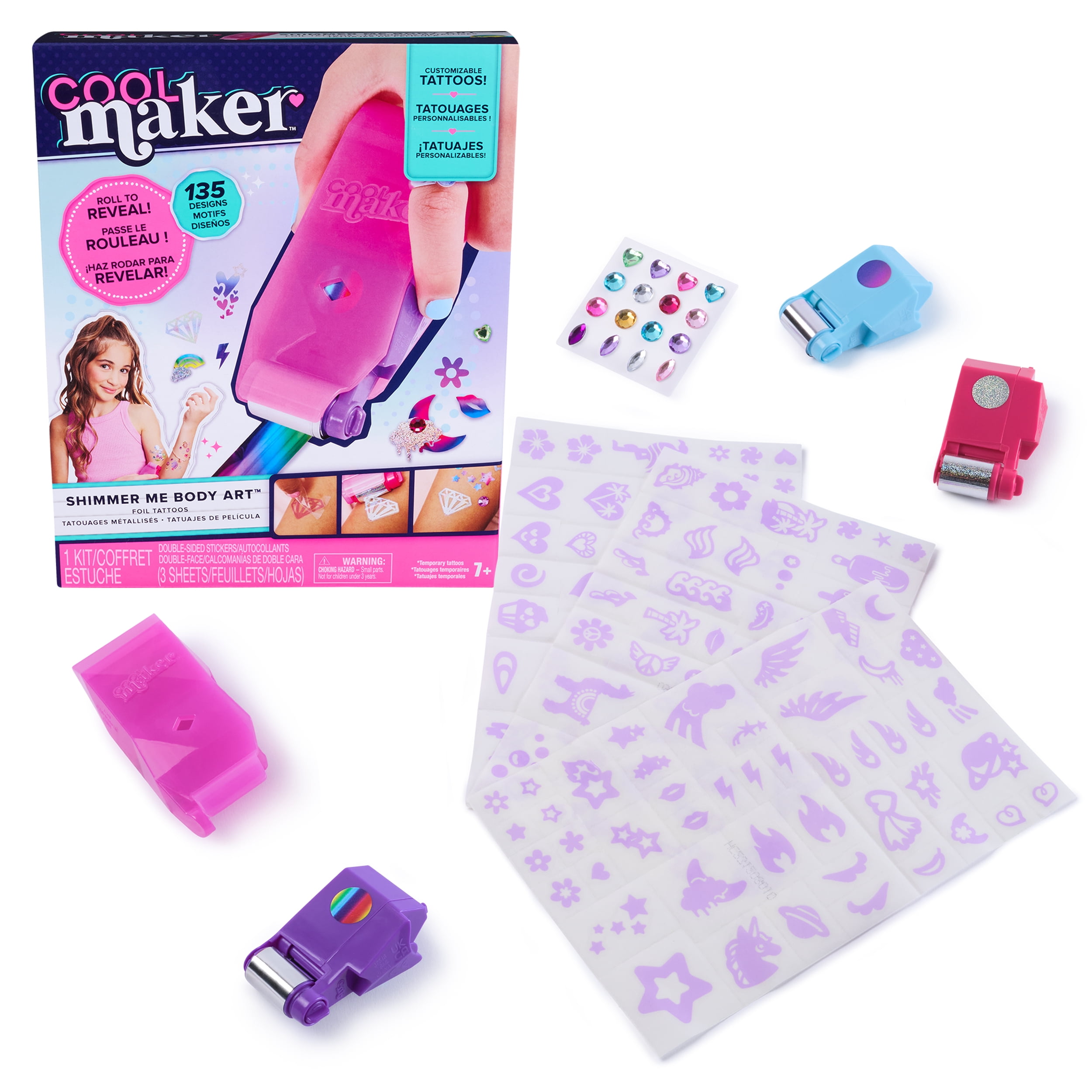 Cool Maker, Shimmer Me Body Art avec rouleau, pierres précieuses et 3 bandes, 135 tatouages temporaires métallisés, activités créatives et manuelles pour les filles à partir de 7 ans