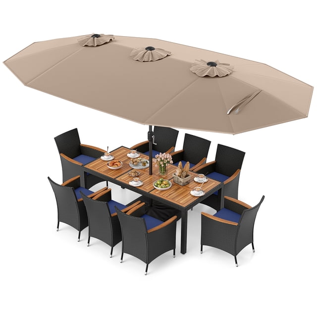 Costway 11 PCS Patio Wicker Dining Set with Double-Sided Outdoor Umbrella 8 Stackable Chairs