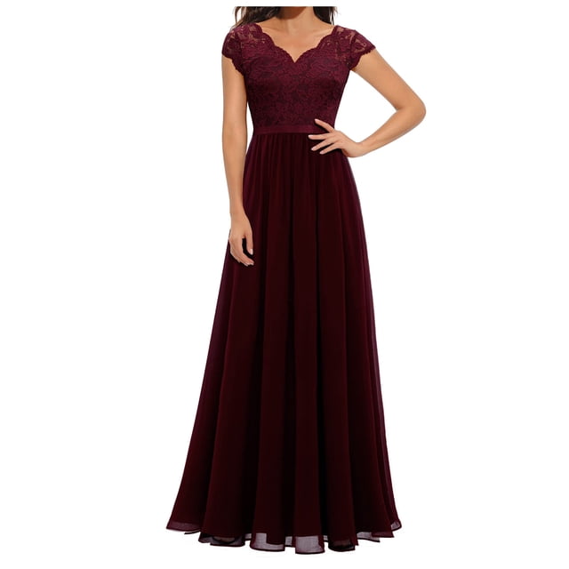 T-Shirt Robe Femme en Liquidation Robes de Demoiselle d'Honneur pour Femmes 2025 Élégante en Dentelle Patchwork Robe Formelle Tendance Col en V Fluide en Chiffon Robe d'Invitée de Mariage Robes Décontractées d'Été pour Femmes Nouveau Bordeaux m