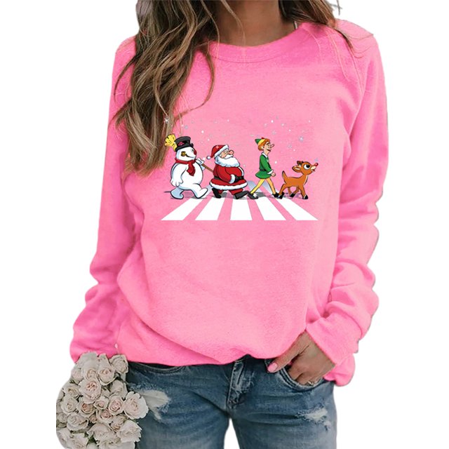Innerwin Chandail Col Rond Femmes Hauts Imprimé de Noël Xmas Chandail en Molleton Rose P