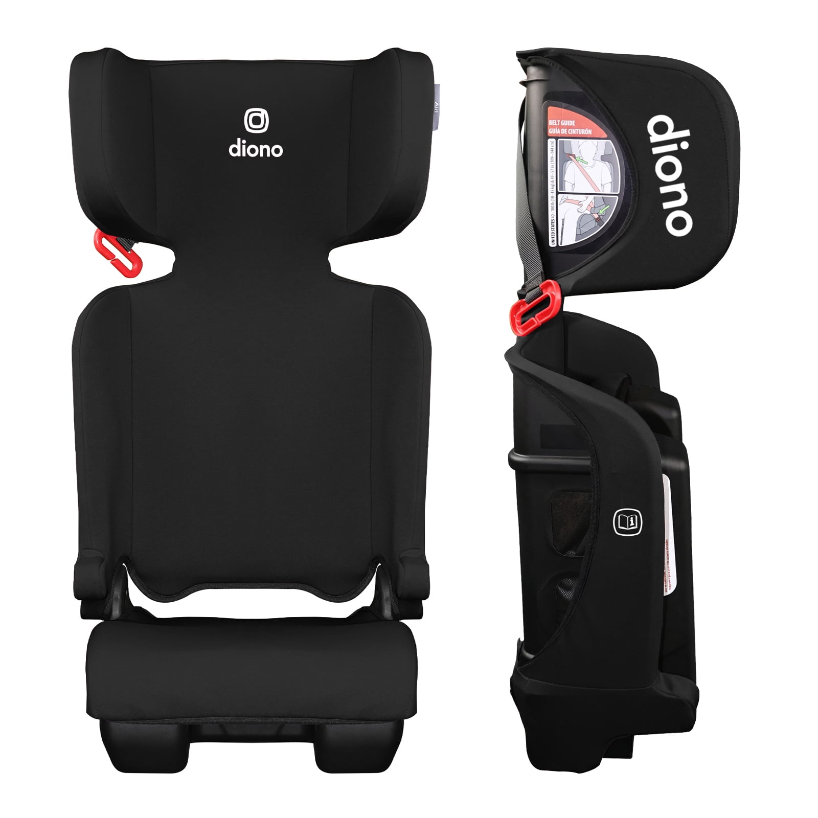 Diono Airi High Back Booster Car Seat, Lightweight Foldable Belt-Positioning Booster with Side Impact Protection, Adjustable Headrest, Machine Washable Cover, 40-100 lb,Black