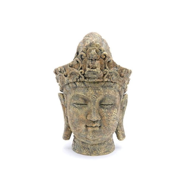 Penn Plax Resin Buddha Head aquarium decor with detailed resin texture and ornamental patterns, designed for fresh and saltwater tanks, featuring a flat base for stable placement and fish to swim around or hide.