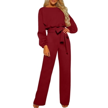 JMYHOAM Jumpsuits for Women, Women'S Fall/Winter Solid Color Long Sleeved Crew Round Neck Jumpsuit with Belt Jumpsuit Pans Women's Jumpsuits, Rompers & Overalls, Wine L