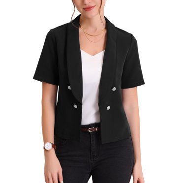 INSPIRE CHIC Women's Casual Shawl Collar Open Front Cardigan Short Sleeve Work Office Suit Blazers Black XS