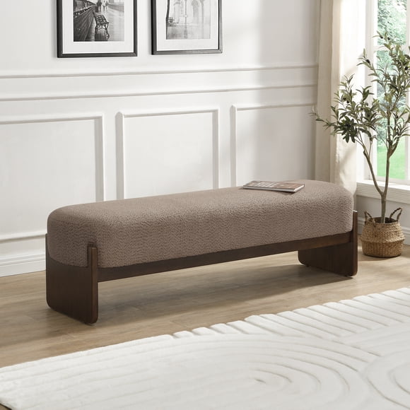 Noble House ottoman en fil de couleur brun clair à boucles élégant, tapis rectangulaire en velours avec cadre en bois de caoutchouc et pieds bruns, brun clair