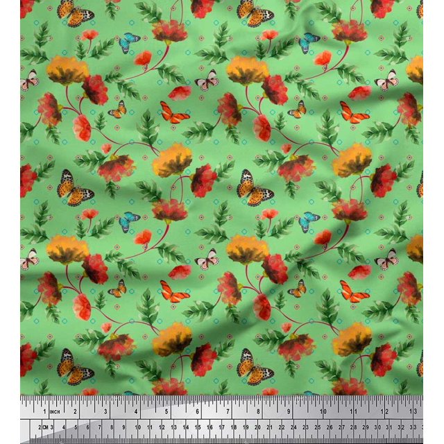Soimoi Green Poly Georgette Fabric Leaves,Insect & Floral Artistic Fabric Prints by Yard 42 Inch Wide