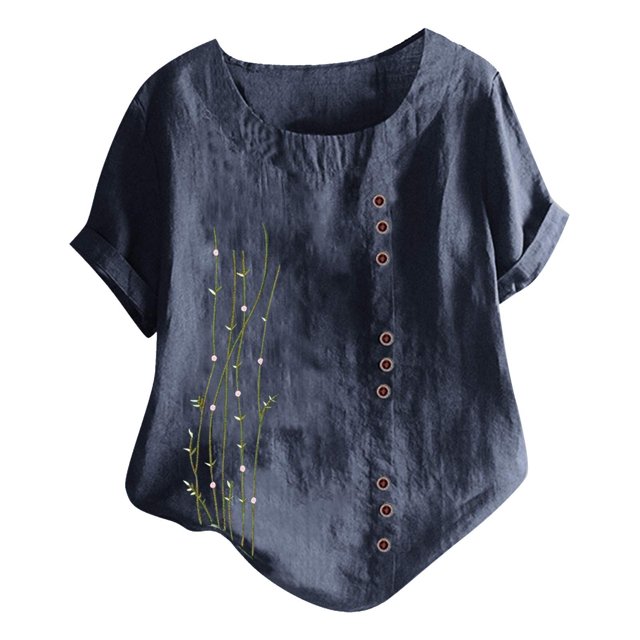 Birdeem Femmes Manches Courtes Décontracté Col Rond Imprimé Ample Bouton Tunique Chemise Blouse Hauts