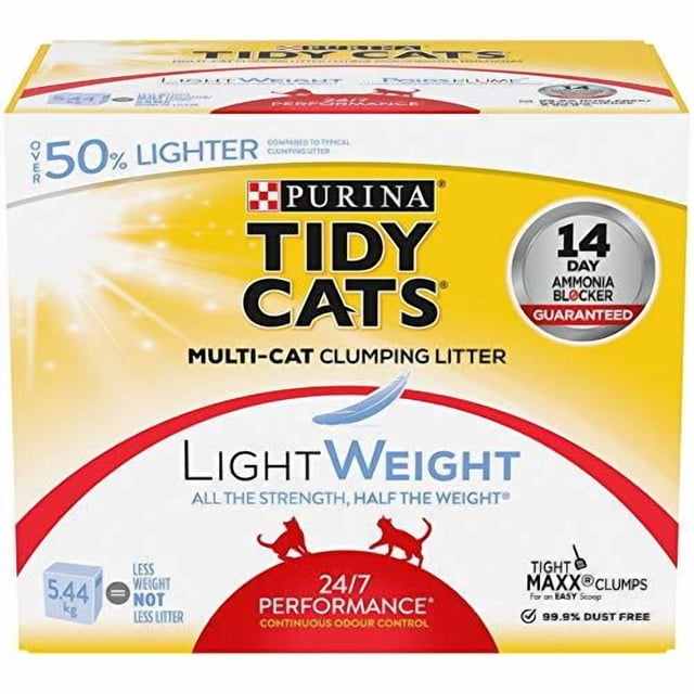 Tidy Cats Léger 24/7 Performance Multi-Chat, Agglomérant Cat Litter Boîte de 5,44 kg avec Emballage Jaune et Blanc avec Marque Purina, Plus de 50 % Plus Léger Que la Litière Agglomérante Typique, Garantie de 14 Jours avec Bloqueur d'Ammoniaque, Contrôle Continu des Odeurs, Maxx Serré pour des Grumeaux Faciles à Ramasser, et Formule Sans Poussière à 99,9 %.