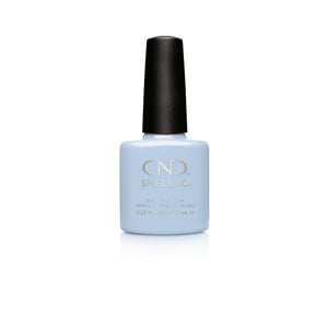 CND Creative Nail Design SHELLAC Gel Polish in Creekside, a .25oz/7.3mL bottle. The gel polish features a light pastel blue shade and is designed for use with UV/LED lamps. It offers a chip-resistant, mirror-like finish that lasts up to 2 weeks, ideal for manicures.