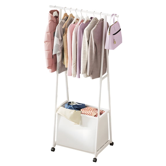 yeacher Portable Multi-Functional Rolling Clothes Rack with Laundry Basket, Space-Saving Single Pole Design for Bedroom, White