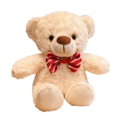 White Red Bow Tie Teddy Bear Plush 11 Inch Furry Bear Doll Soft Stuffed Animal Cute Seated Bear for Shelf Tabletop Decor