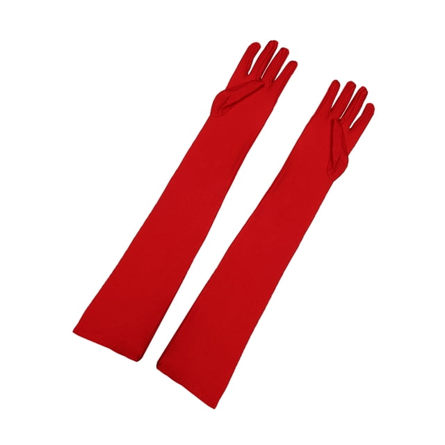 Unique Bargains Gants pour Femmes Fête Mariage en Polyester Extensible Longueur Coude Doigts Complets Rouges Paire