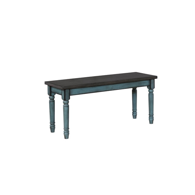 Weston Bench, teal with a burnished smoke finish top and turned legs with chiseled edging, featuring a distressed teal blue dry brushed glaze base, ideal for entryway seating and complementing the Weston dining table and chairs.