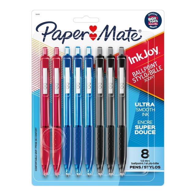 Paper Mate InkJoy 300RT ballpoint pens, 8 count pack with medium 1.0 mm retractable tips in assorted red, blue, and black ink colors, featuring ultra-smooth ink and comfortable rubberized grips for smooth writing, ideal for office and school use.