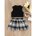thumbnail image 4 of Faithtur Toddler Girl Fashion Outfits Set, Solid Color Ribbed Sleeveless Tank Tops + Elastic Waist Contrast Color Plaid Pleated Skirt, 4 of 9