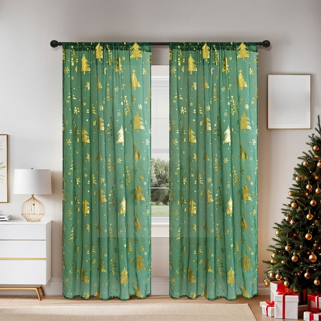 Tunhigl Christmas Window Screens Christmas Tree Print Curtains Large-size Decorative Curtains For Holiday Parties Suitable For Bedroom Window Christmas Decorations