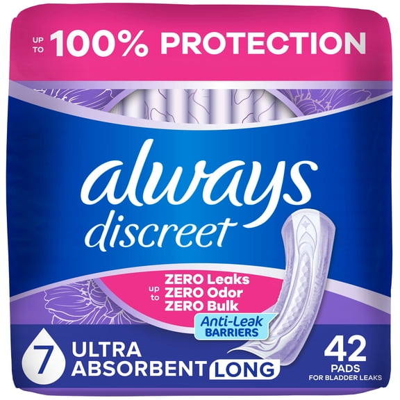 Serviettes d’incontinence Always Discreet pour femmes adultes, degré d’absorption ultra, longues, serviettes de post-partum, 42 serviettes