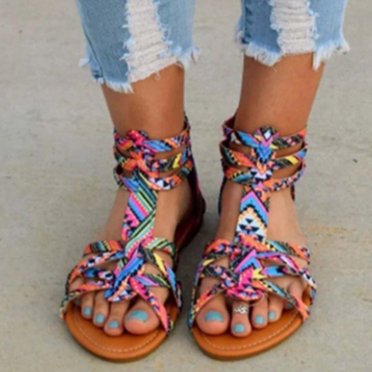 EGNMCR Sandales pour Femmes, Chaussures de Villégiature à Imprimé Ethnique Bohème pour Femmes, Chaussures d'Été à entre-Doigt avec Fermeture Éclair, Ballerines Confortables, Sandales de Plage Décontractées, du Jour