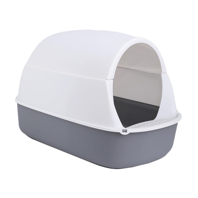 Cat Litter Box with Hood Kitty Litter Box with Lid Removable, Durable Closed Cat Gray. This hooded litter box is made of durable PP material and features a removable top cover for easy cleaning and ventilation. The grey base and white hood design include a heightened fence to prevent litter splashing, keeping the area clean. Suitable for indoor cats, it measures 50cm x 35cm x 33cm (19.69in x 13.78in x 12.99in) and comes with a litter spade.