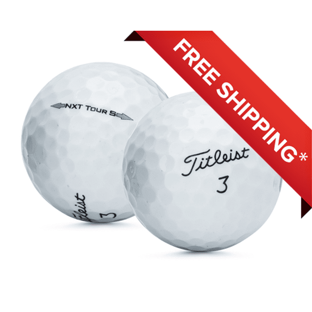 2 Dozen Titleist NXT Tour S Mint Quality Golf Balls, featuring a pristine white finish with no corporate logos or pen marks. These balls are meticulously sorted to ensure superior Mint 5A quality, ideal for serious golfers. The image shows two golf balls, one displaying the Titleist logo and the number 3, and the other highlighting the NXT Tour S branding. Packed in mesh net bags by the dozen.