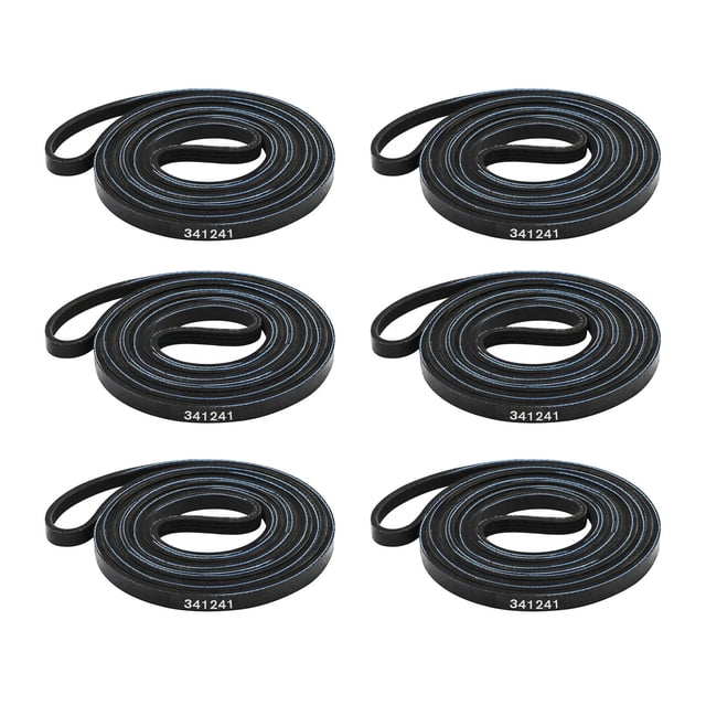 6Pcs All-in-One Dryer Belt Set for Replacing Worn-Out Belts Suitable for Whirlpool, Kenmore, & Others Pack of six black rubber dryer drum belts shown coiled on a white background; 1/4 inch (6.35 mm) wide, 92.25 inch (234.32 cm) long, compatible replacement for Whirlpool, Kenmore and other major dryer models, suitable for DIY repair or as a spare-parts kit.