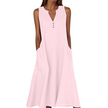 Npasoilc Robes Débardeurs en Coton et Lin pour Femmes, Décorées de Boutons, Col en V, Ourlet Volanté Fluide, Robes avec Poches, Légères et Respirantes, Robes Trapèze, Décontractées et Amples, Robes de Plage