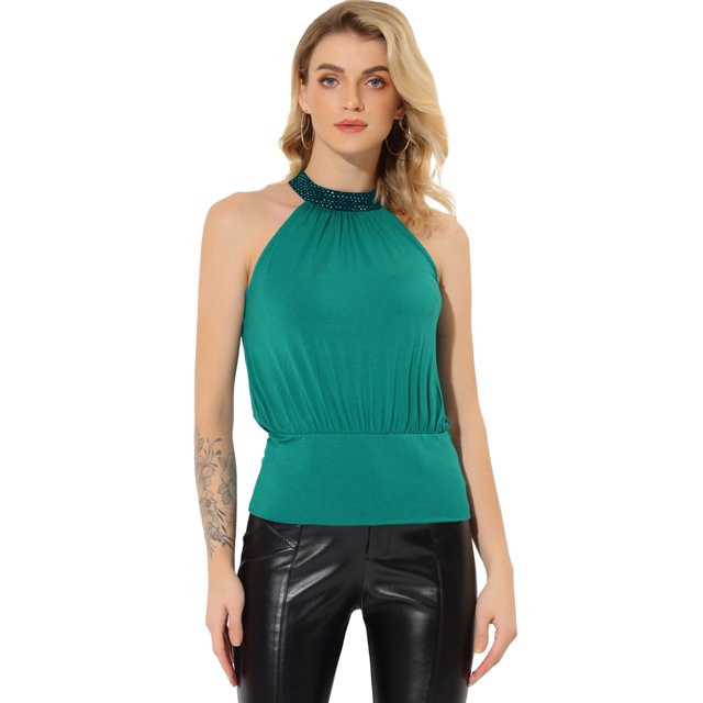 Unique Bargains Débardeur à Sequins Col Halter Couleur Unie pour Femmes Vert Lac m