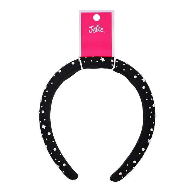 Justice alice band in black fabric decorated with mini iridescent stones and star-shaped accents, designed for children, displayed with a pink Justice brand tag, suitable as a hair accessory for daily use.