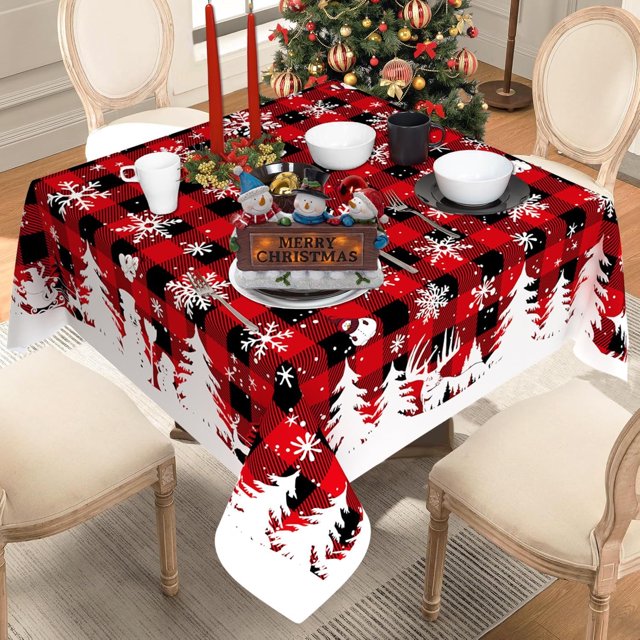 Square Christmas Tablecloth 60 Inch, Winter Snowflake Christmas Plaid Tablecloth Square, Holiday Christmas Table Cloth Square Table, Xmas Square Table Cover Decor