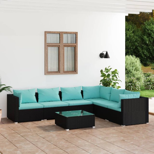 vidaXL 7 Piece Garden Lounge Set with Cushions Poly Rattan Black