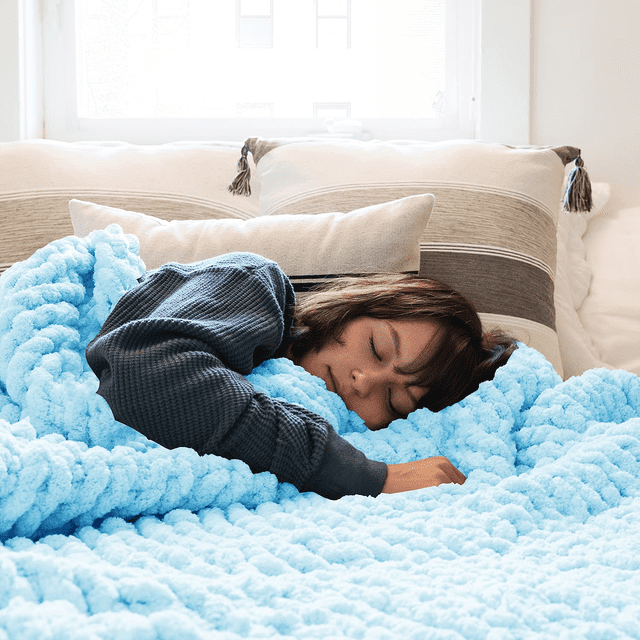Comtest Chunky Knit Throw Blanket Chenille, Light Blue, 80"x80"(King Size)