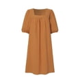 thumbnail image 4 of Mrat Robe en Coton et Lin pour Femmes Vêtements Décontractés Couleur Unie Col Carré Manches Mi-Longues Robe Courte Ample S-42 Marron TG, 4 of 4