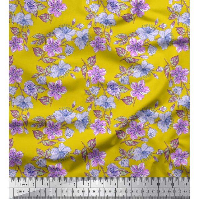Soimoi Georgette Viscose Fabric Leaves & Buttercup Floral Print Sewing Fabric Yard 42 Inch Wide
