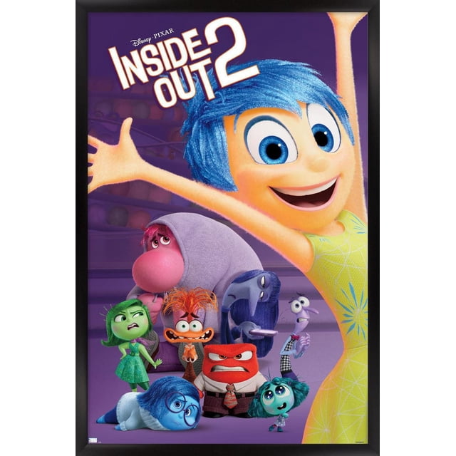 Disney Inside Out 2 - Group Wall Poster featuring animated characters from the film on a purple background. Joy with blue hair and a yellow dress is front and center with arms raised. Surrounding her are Sadness lying down, Anger with a red face and tie, Fear looking anxious, Disgust in a green dress, and others. The poster measures 22.375 by 34 inches and is printed on glossy paper, ideal for bedroom or office decor.
