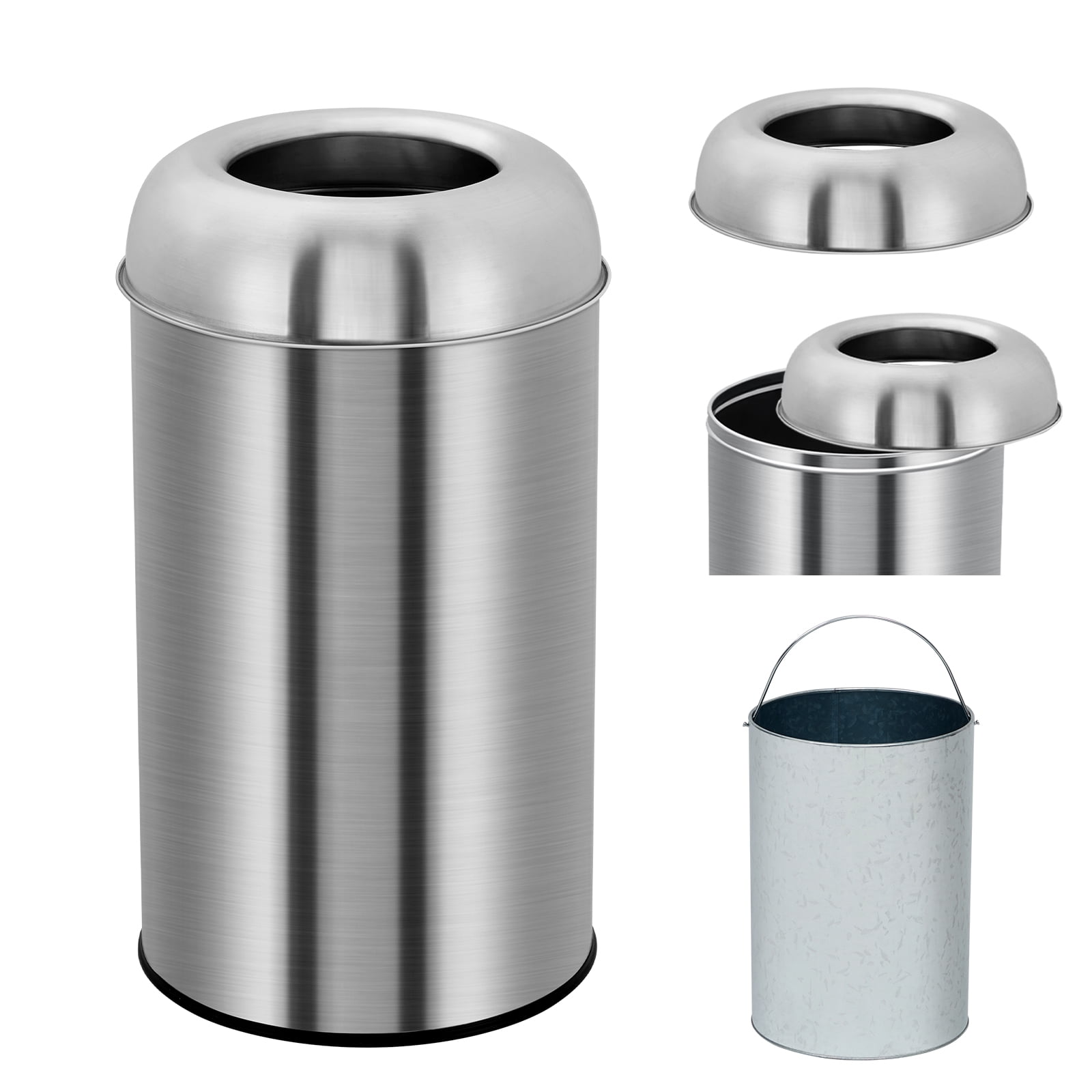 13 Gallon Open Top Trash Can, 50 Liter Stainless Steel Rubbish Bin with Removable Inner Bucket, Commercial Round Waste Container for Home, Office, Kitchen