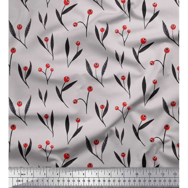 Soimoi Gray Poly Georgette Fabric Red Berries & Leaves Decor Fabric Printed Yard 42 Inch Wide